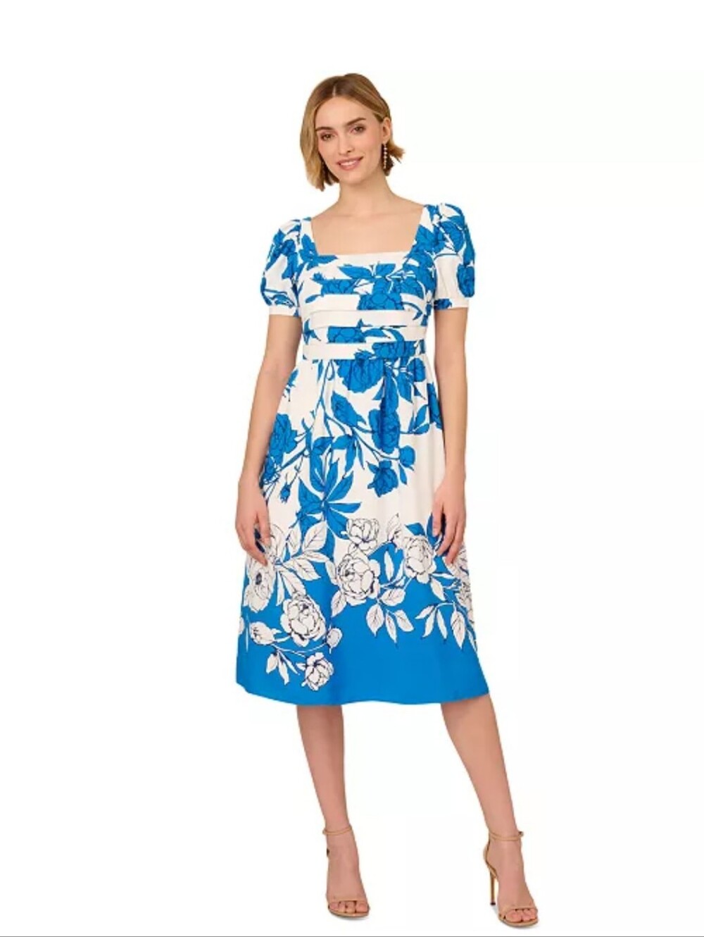 Adrianna Papell NWT Ivory Blue Floral Smocked Midi Dress Puff Sleeve Size 10